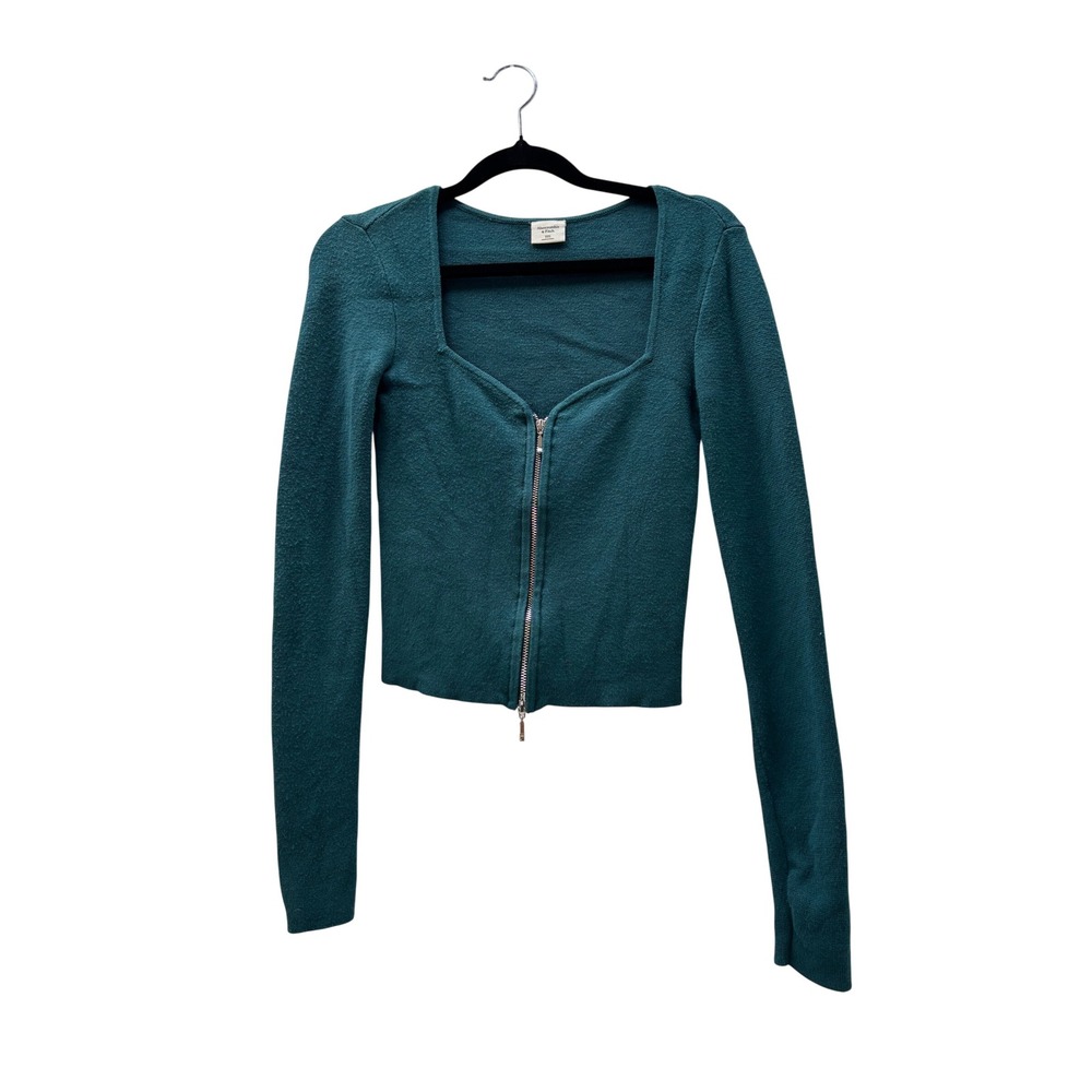 Abercrombie & Fitch Womens XXS Teal Green Zip Front Sweetheart Neck Sweater Top
